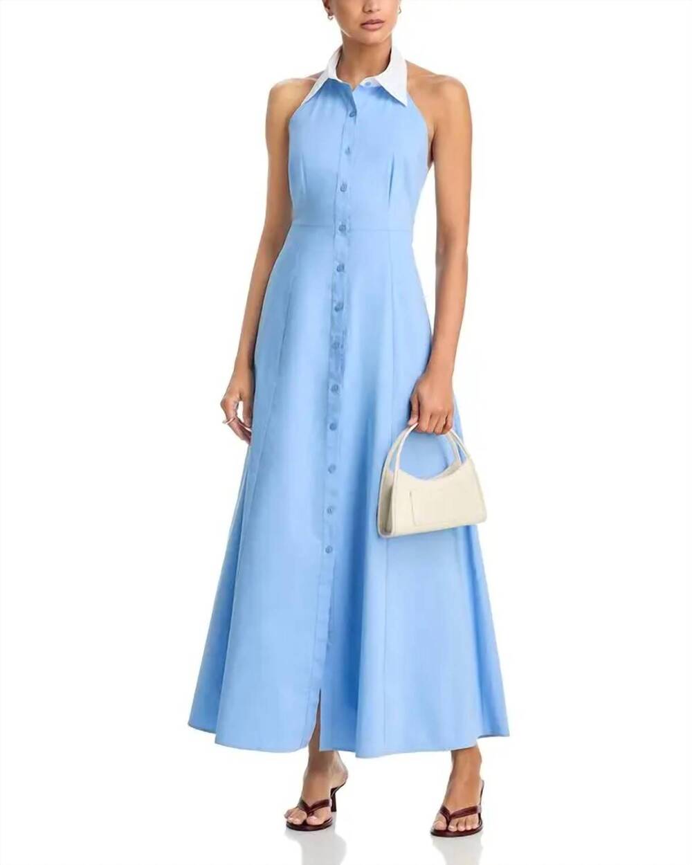 NEW L'AGENCE maury halter maxi dress in vista blue/white